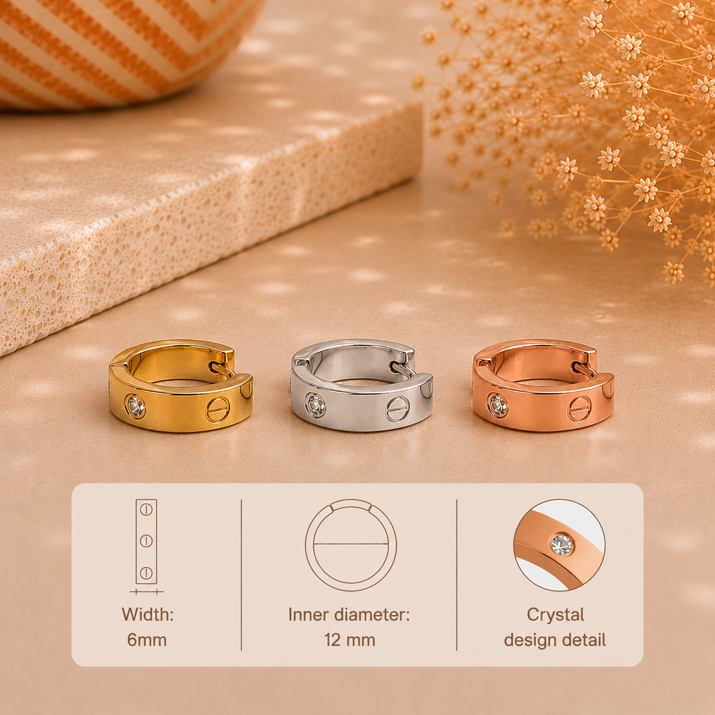 6mm–Mini LOVE Inspired Crystal&Screw Earrings–StainlessSteel