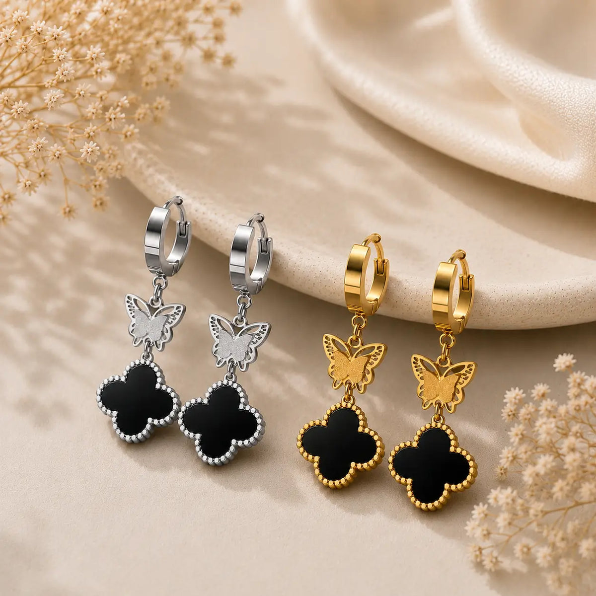 Butterfly Clover Drop Hoop Earrings – Gold & Silver Plated