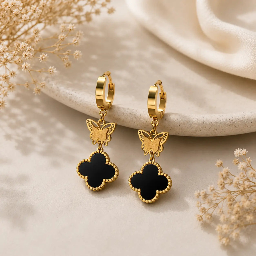 Butterfly Clover Drop Hoop Earrings – Gold & Silver Plated