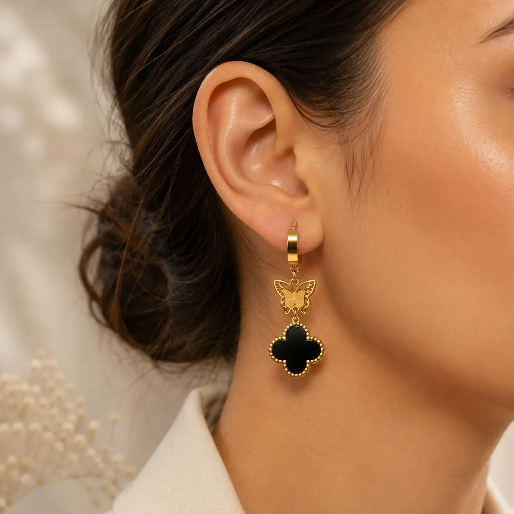 Butterfly Clover Drop Hoop Earrings – Gold & Silver Plated