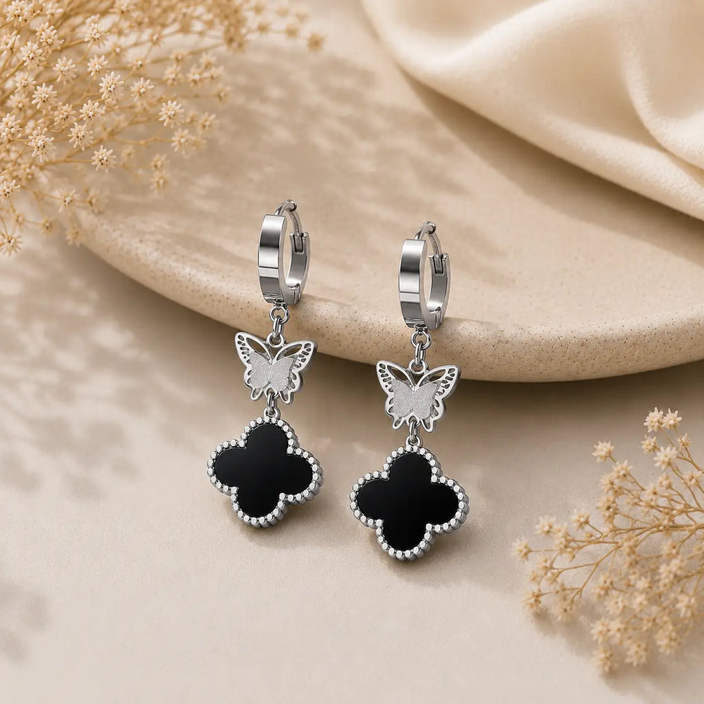Butterfly Clover Drop Hoop Earrings – Gold & Silver Plated