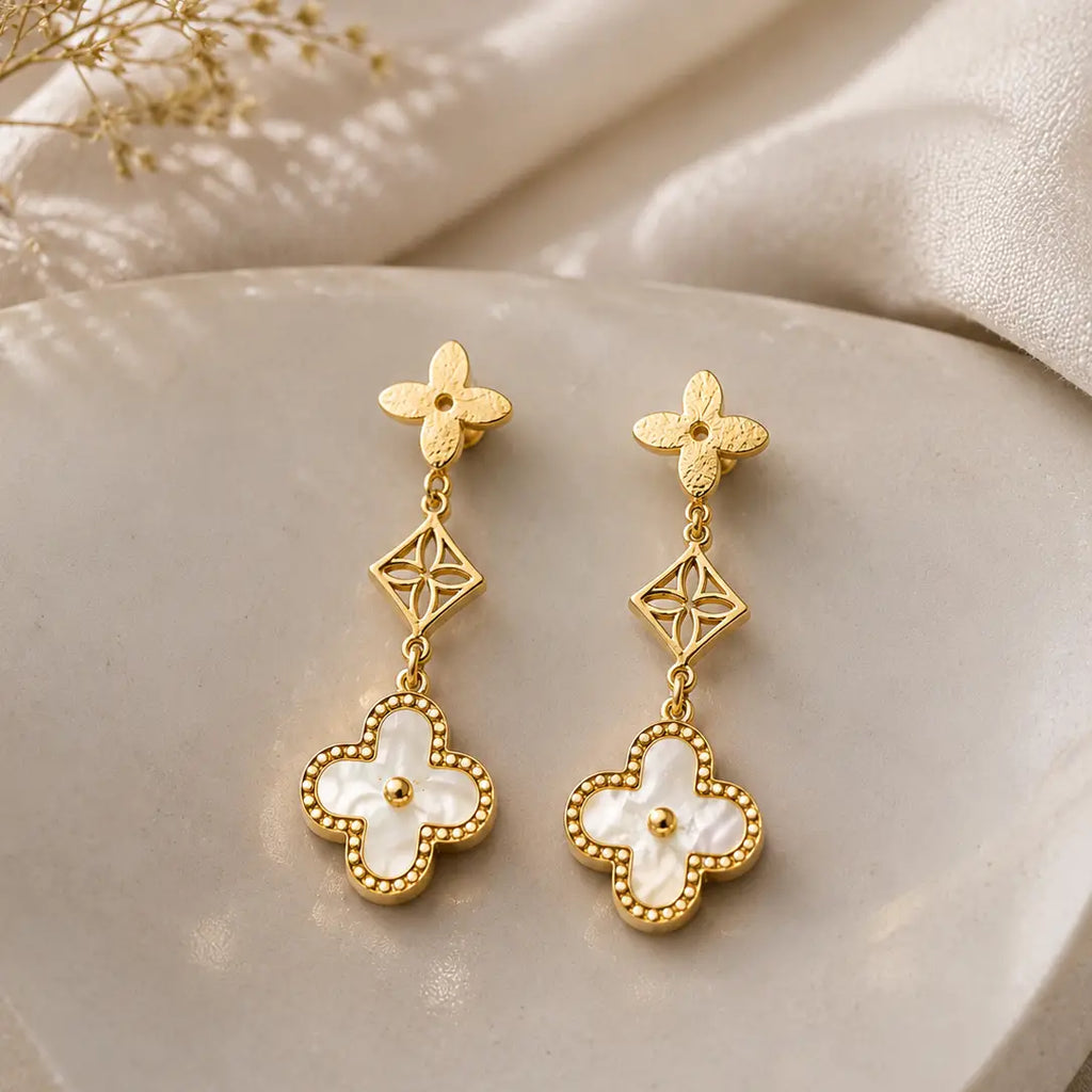 Floral Clover Drop Earrings – Gold & Silver Plated