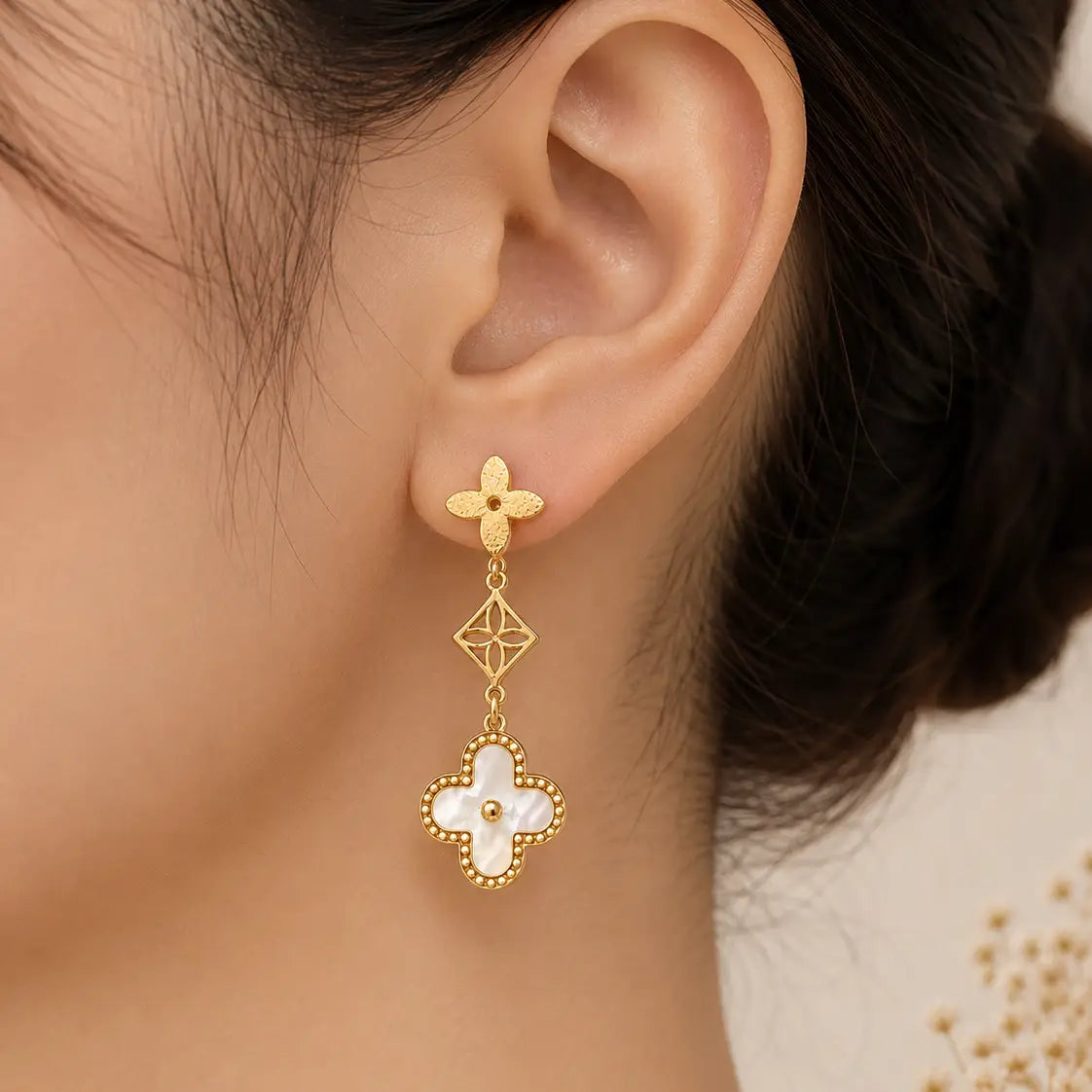 Floral Clover Drop Earrings – Gold & Silver Plated