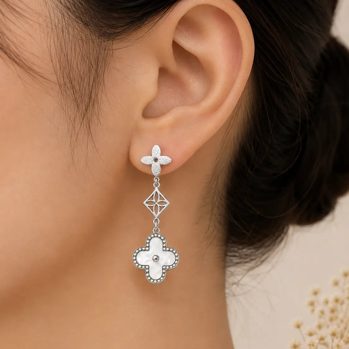 Floral Clover Drop Earrings – Gold & Silver Plated