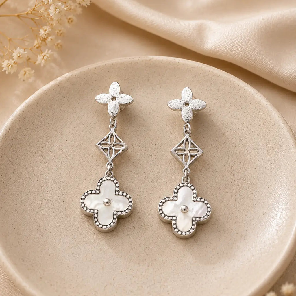 Floral Clover Drop Earrings – Gold & Silver Plated