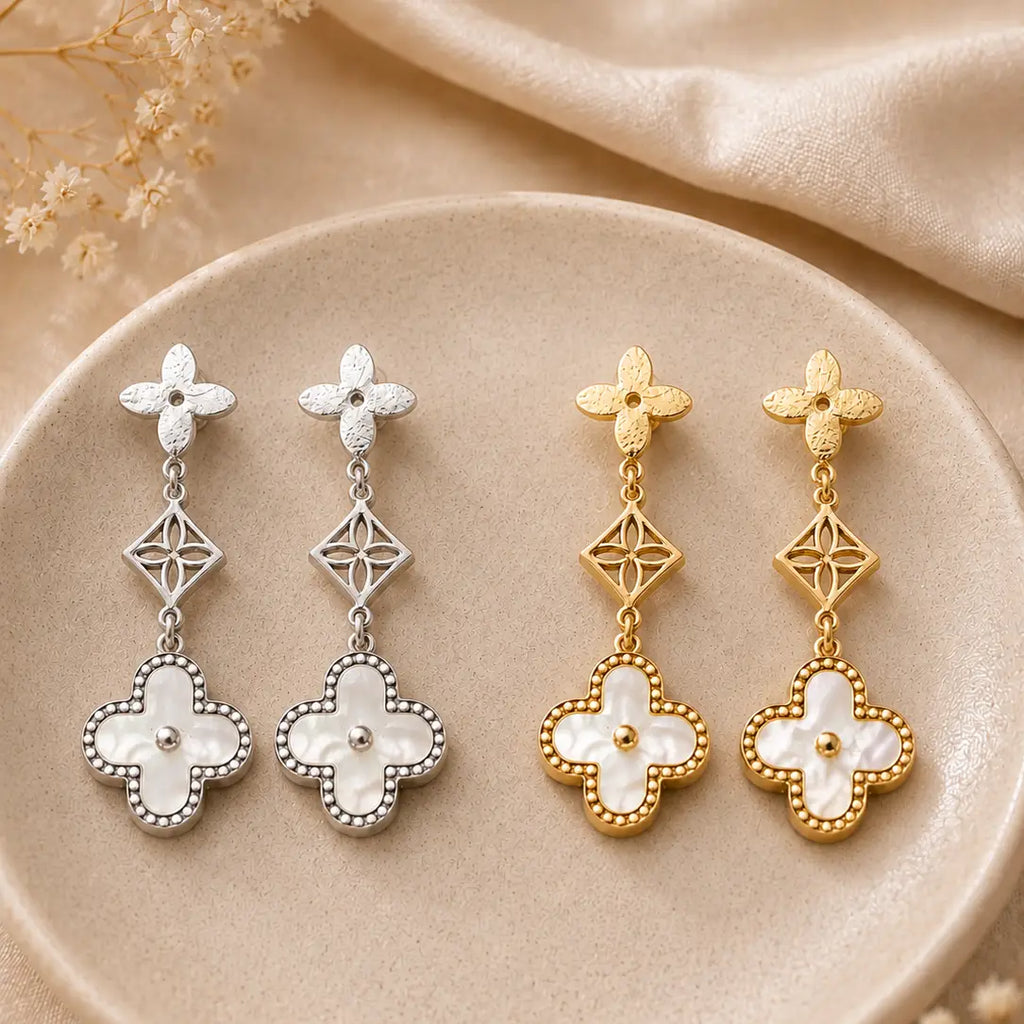 Floral Clover Drop Earrings – Gold & Silver Plated