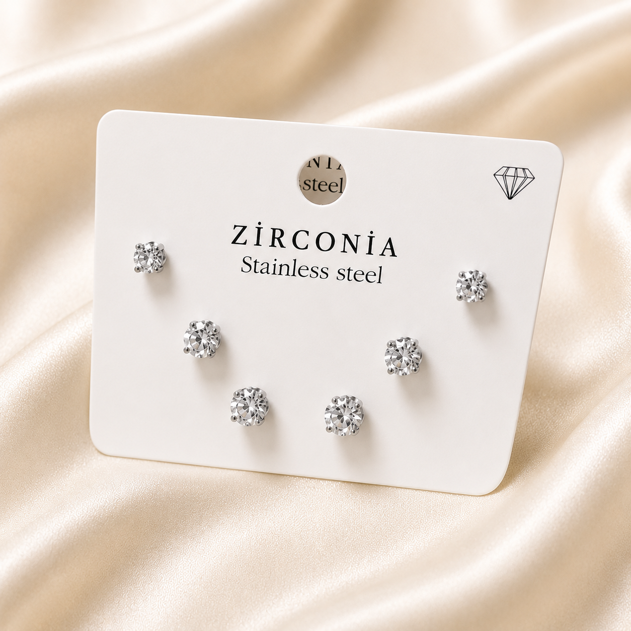 Stainless Steel Zirconia Stud Earrings 6 Pair Set