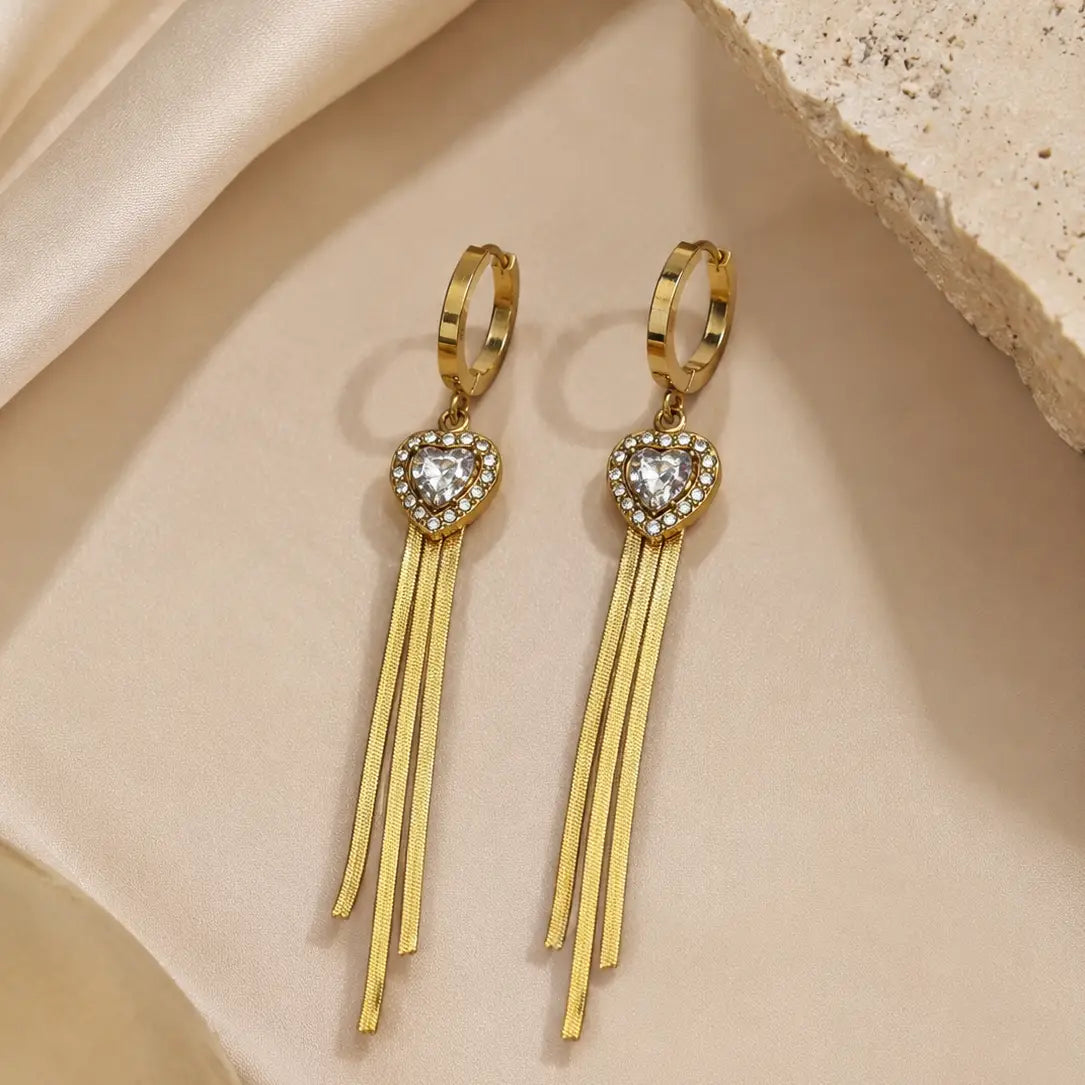 Stainless Steel Heart Drop Earrings – Crystal Accent & Gold 