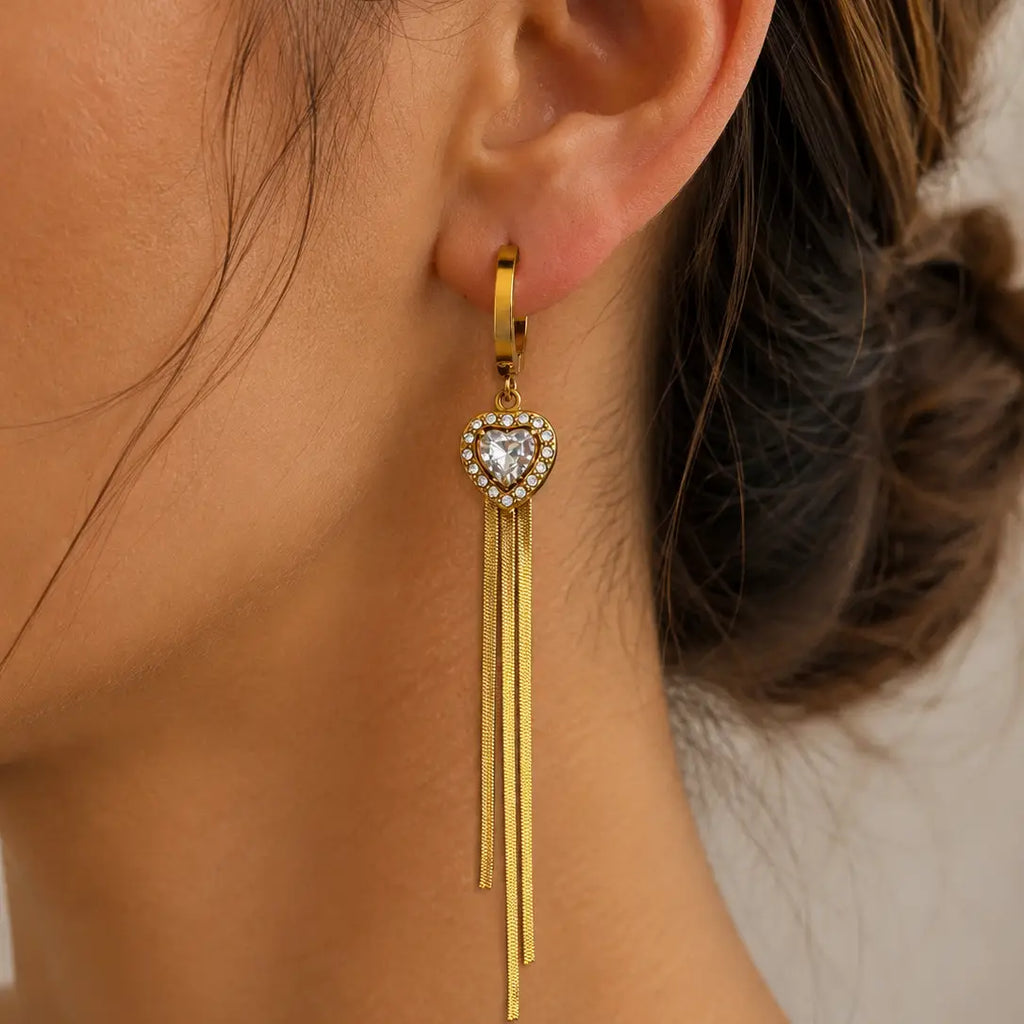 Stainless Steel Heart Drop Earrings – Crystal Accent & Gold 