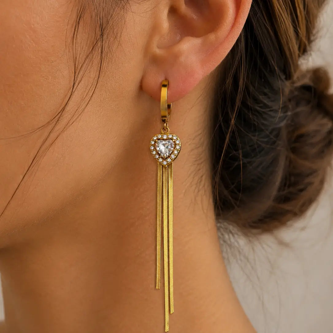 Stainless Steel Heart Drop Earrings – Crystal Accent & Gold 