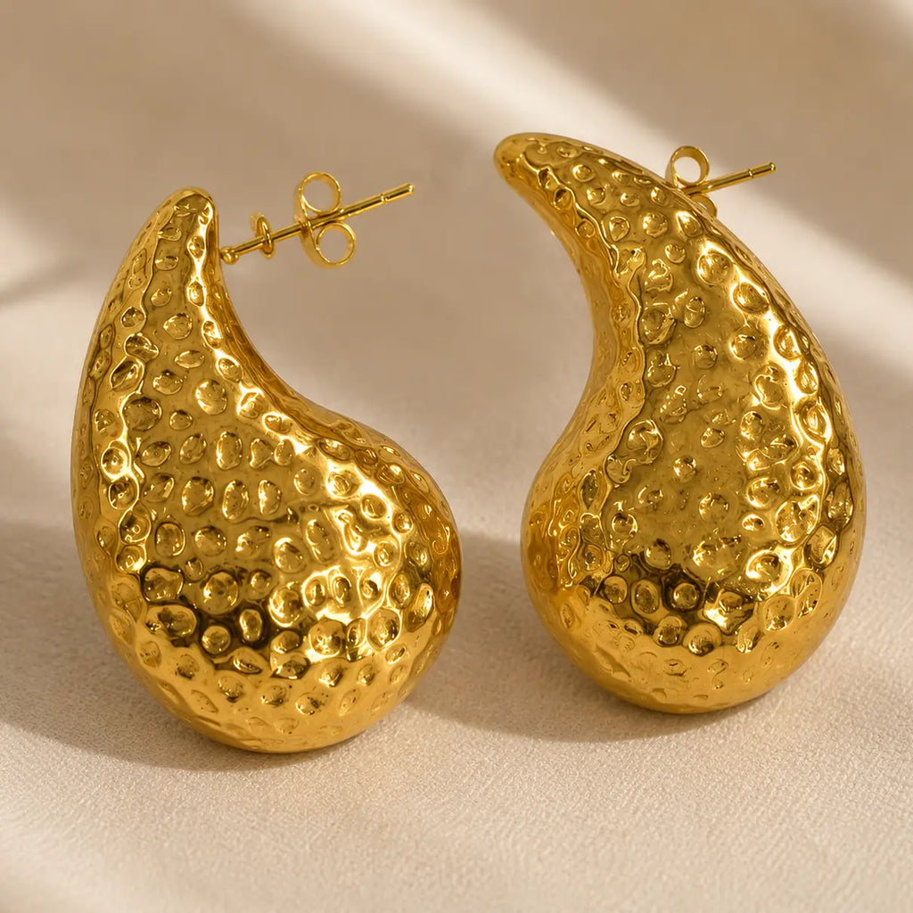 Stainless Steel Hammered Chunky Teardrop Earring Gold Plated