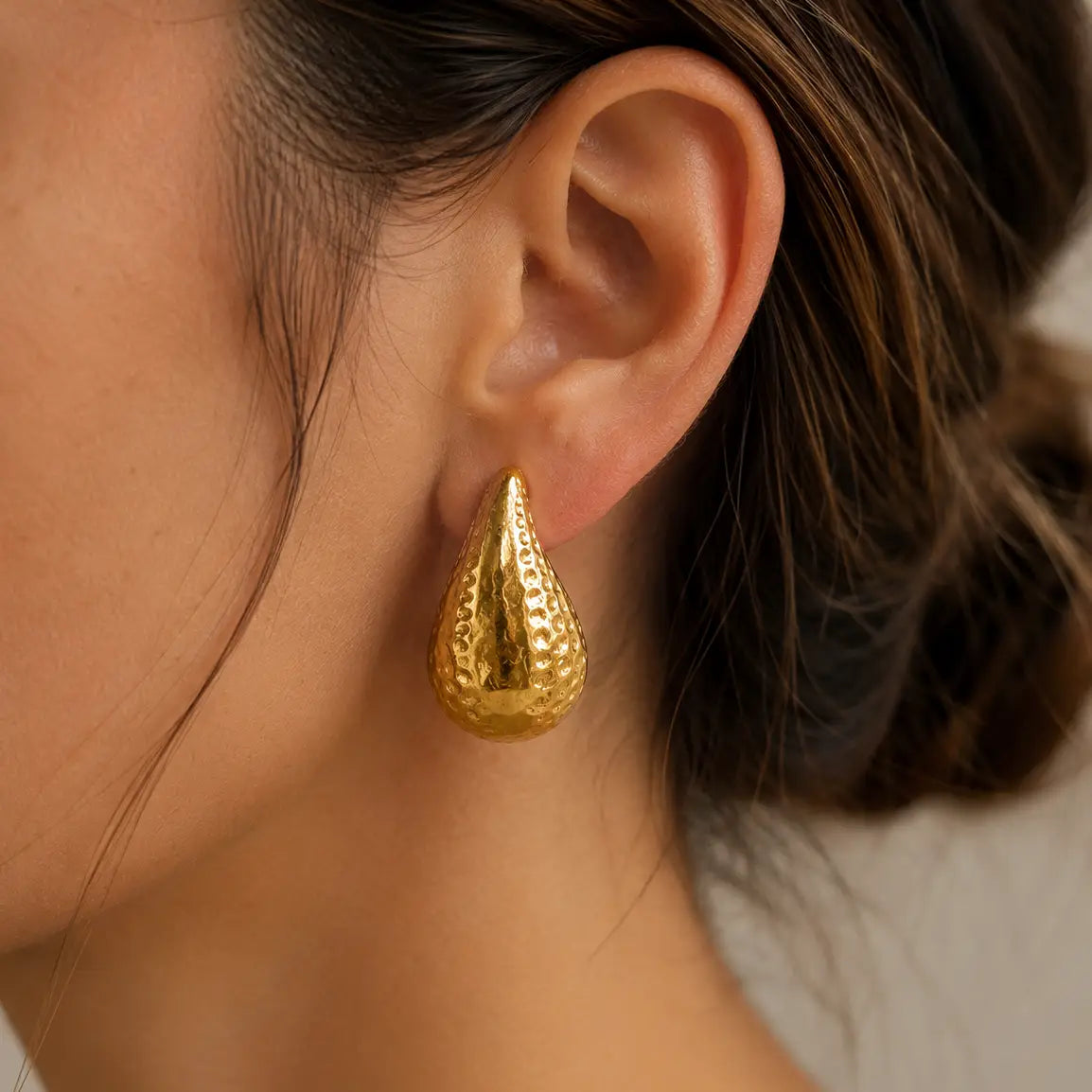Stainless Steel Hammered Chunky Teardrop Earring Gold Plated