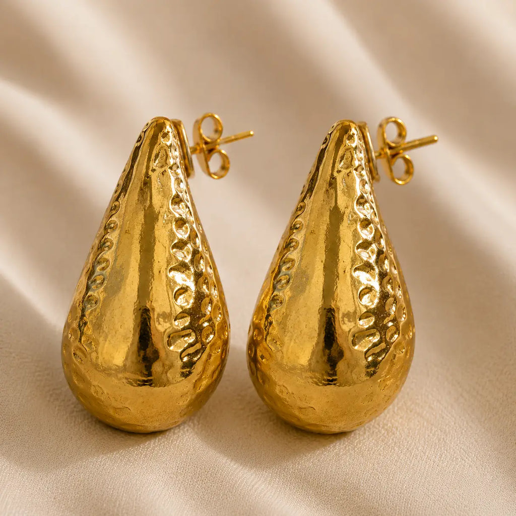 Stainless Steel Hammered Chunky Teardrop Earring Gold Plated