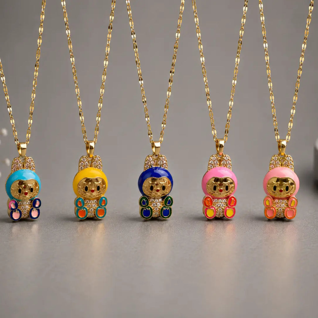 Space Bunny Character Necklace - Gold Tone Stainless Steel