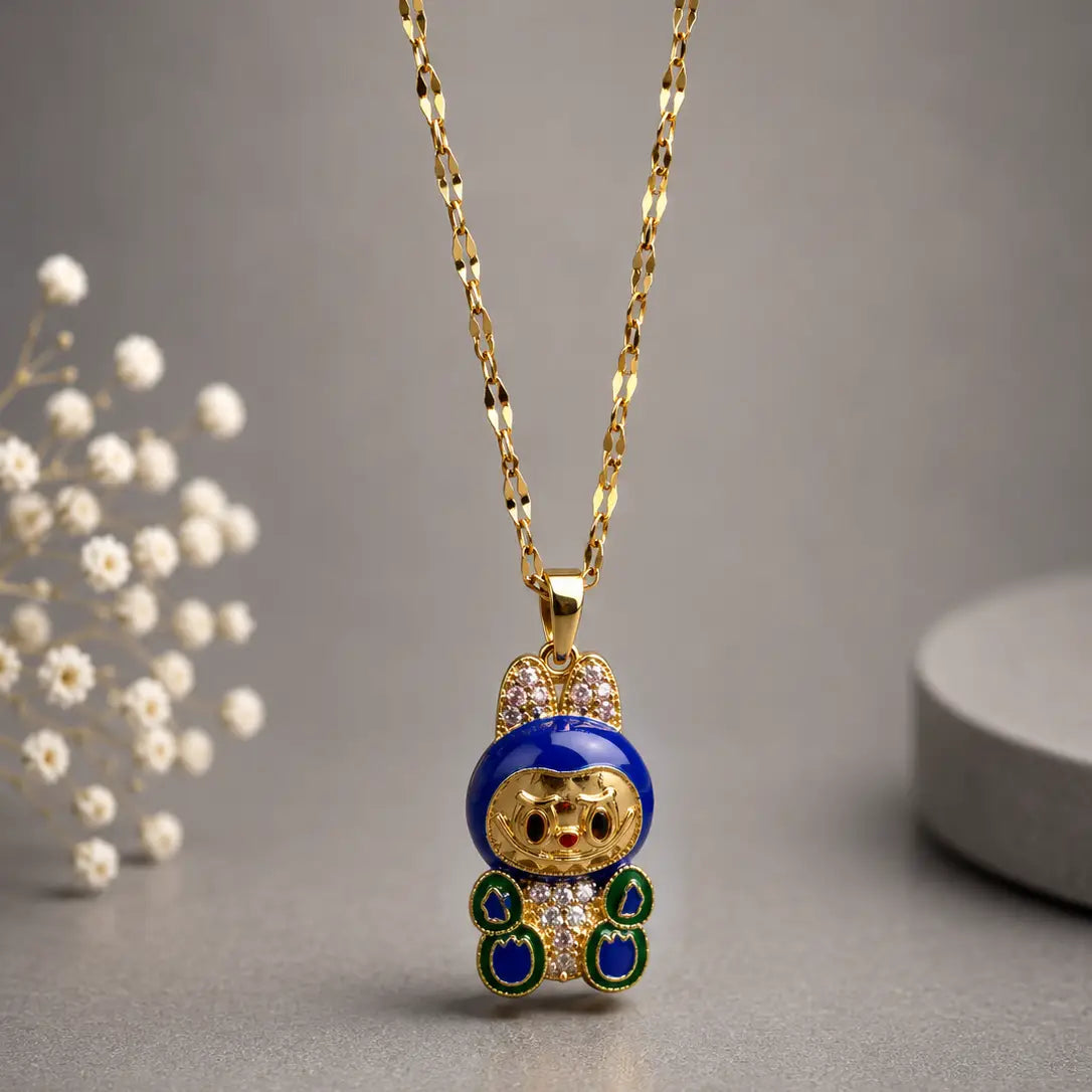 Space Bunny Character Necklace - Gold Tone Stainless Steel