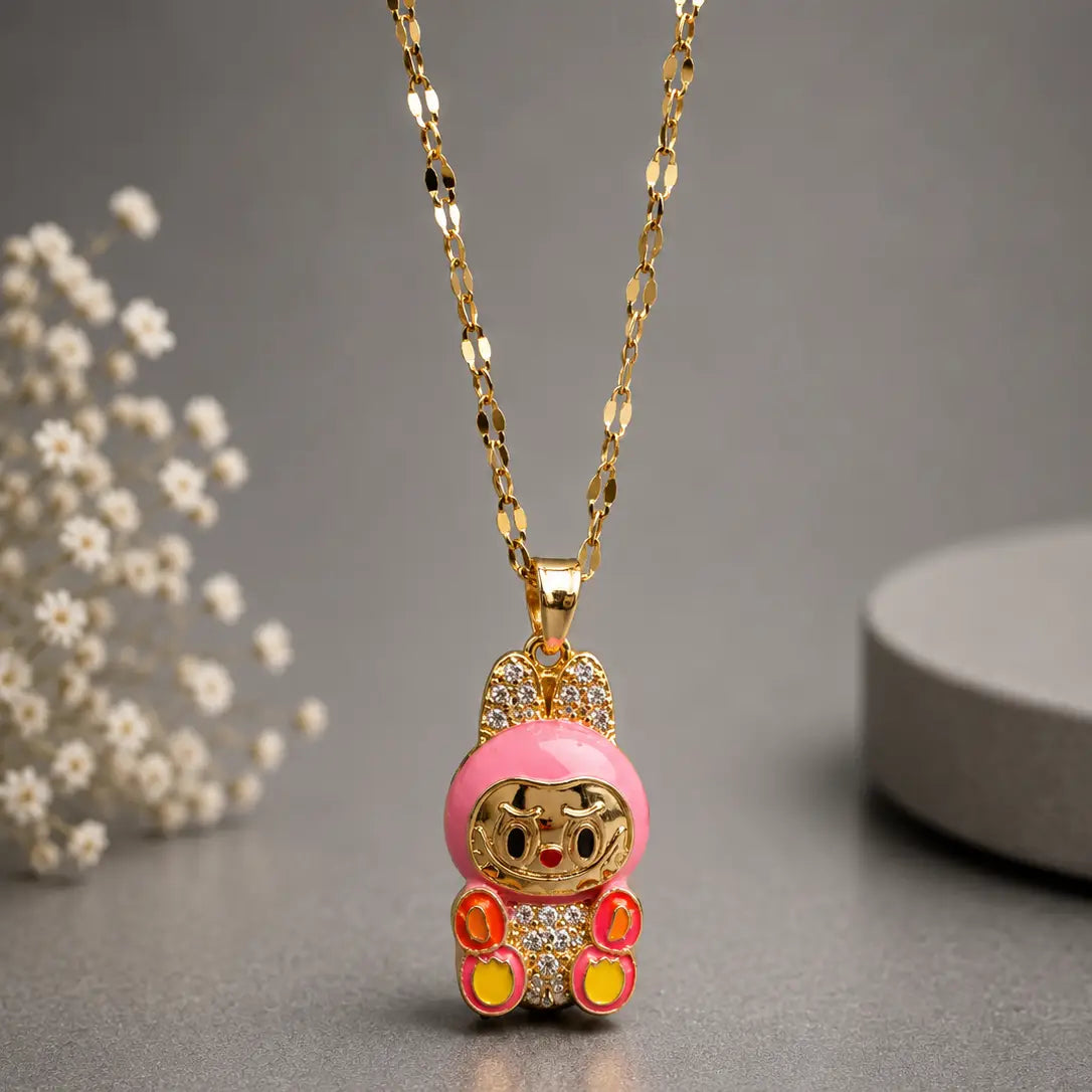 Space Bunny Character Necklace - Gold Tone Stainless Steel