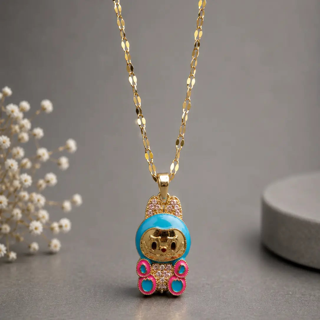 Space Bunny Character Necklace - Gold Tone Stainless Steel