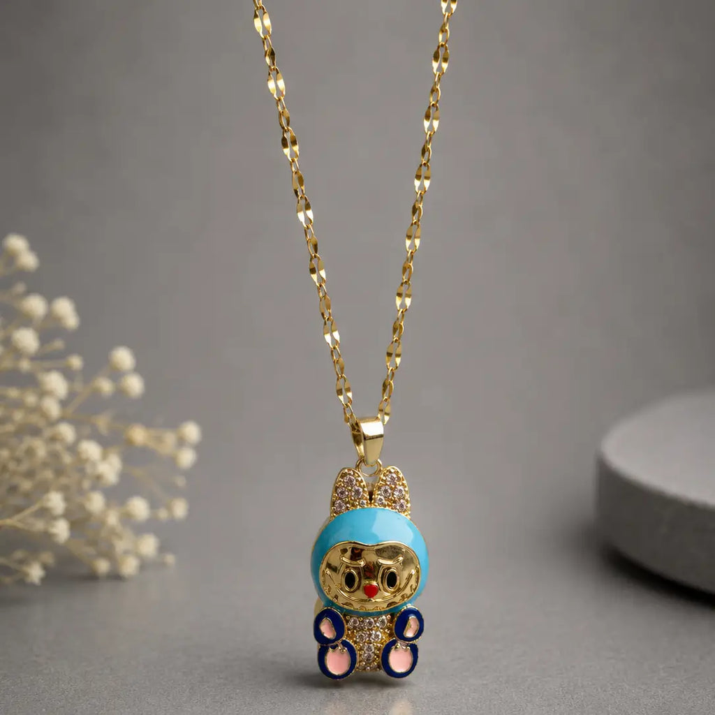 Space Bunny Character Necklace - Gold Tone Stainless Steel