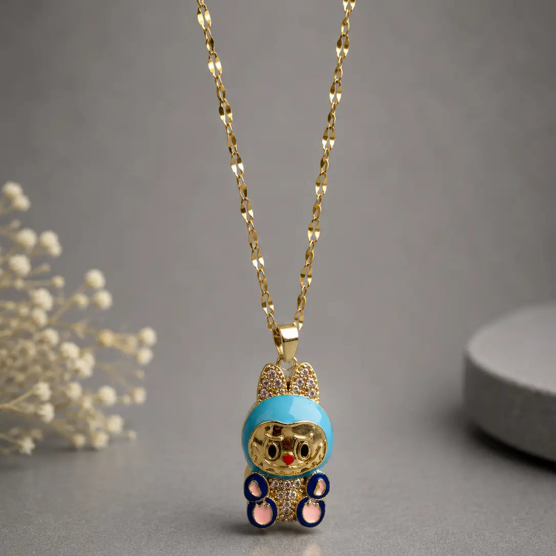 Space Bunny Character Necklace - Gold Tone Stainless Steel