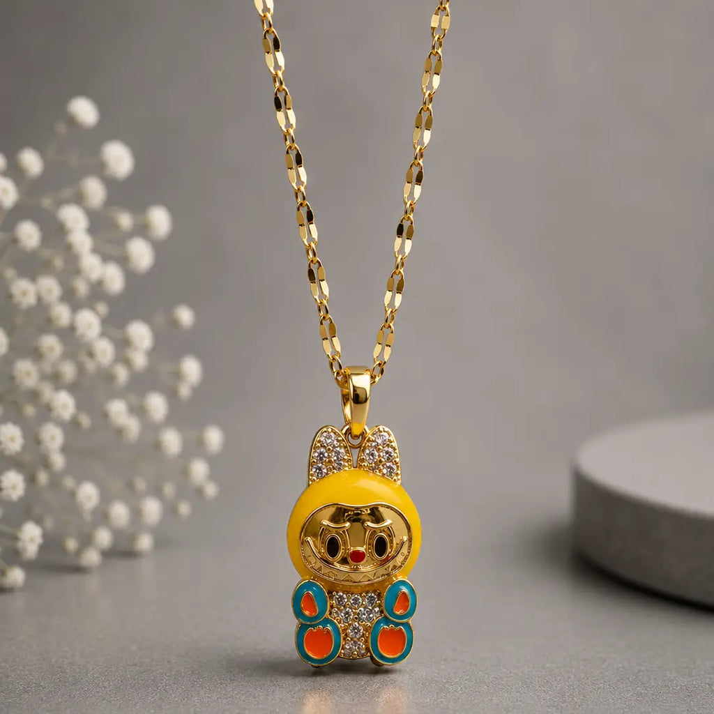 Space Bunny Character Necklace - Gold Tone Stainless Steel