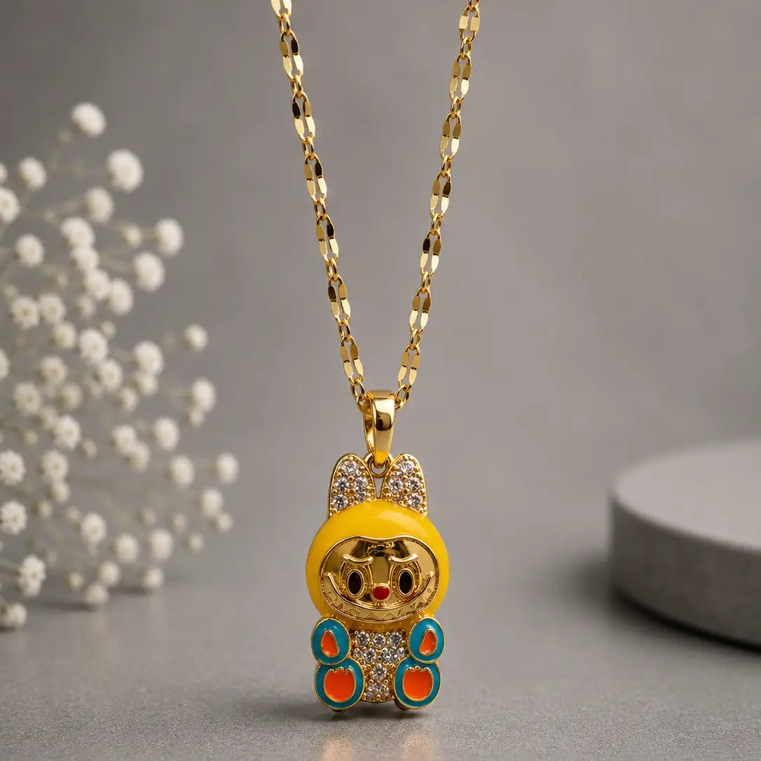 Space Bunny Character Necklace - Gold Tone Stainless Steel