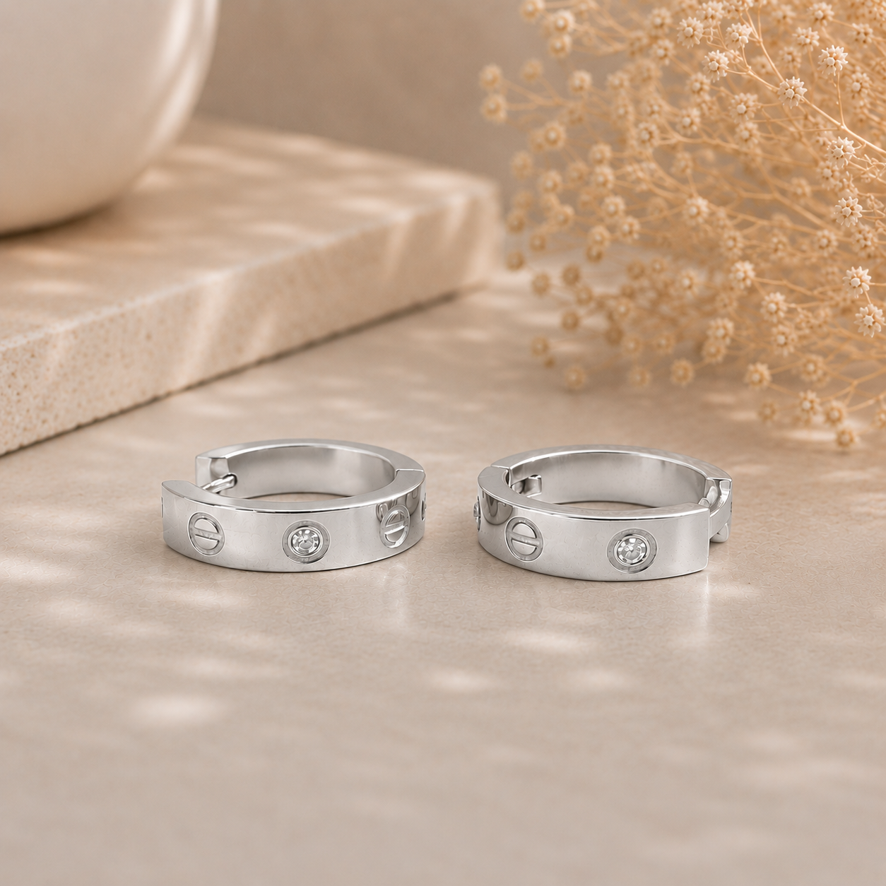 6mm–LOVE Inspired Crystal&Screw Hoop Earrings–StainlessSteel