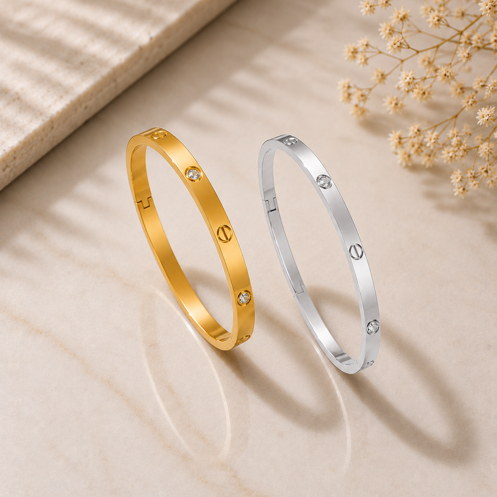 Slim Crystal & Screw Bangle Bracelet - Stainless Steel