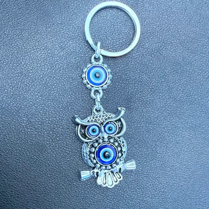 Owl Evil Eye Keychain – Metallic Protection Charm