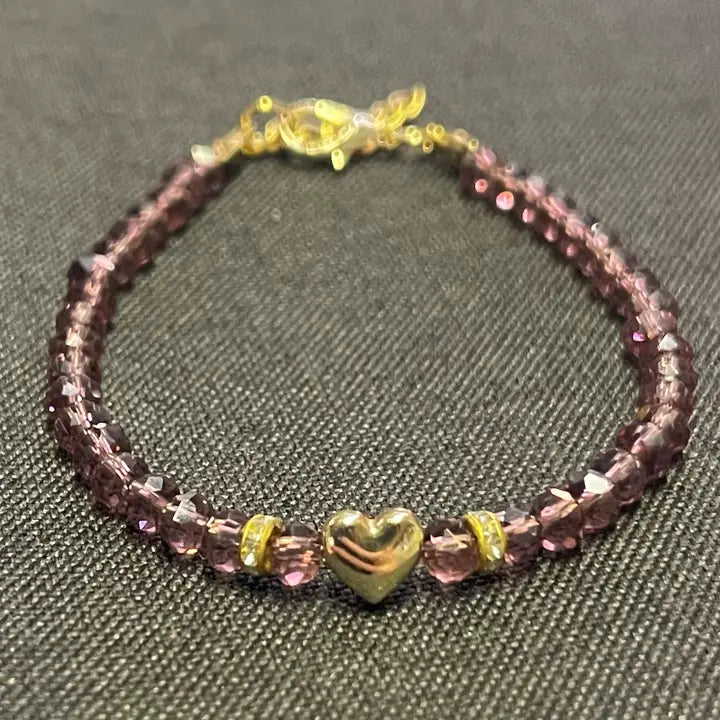 Crystal Beaded Bracelet with Heart Charm - 6 Color Options