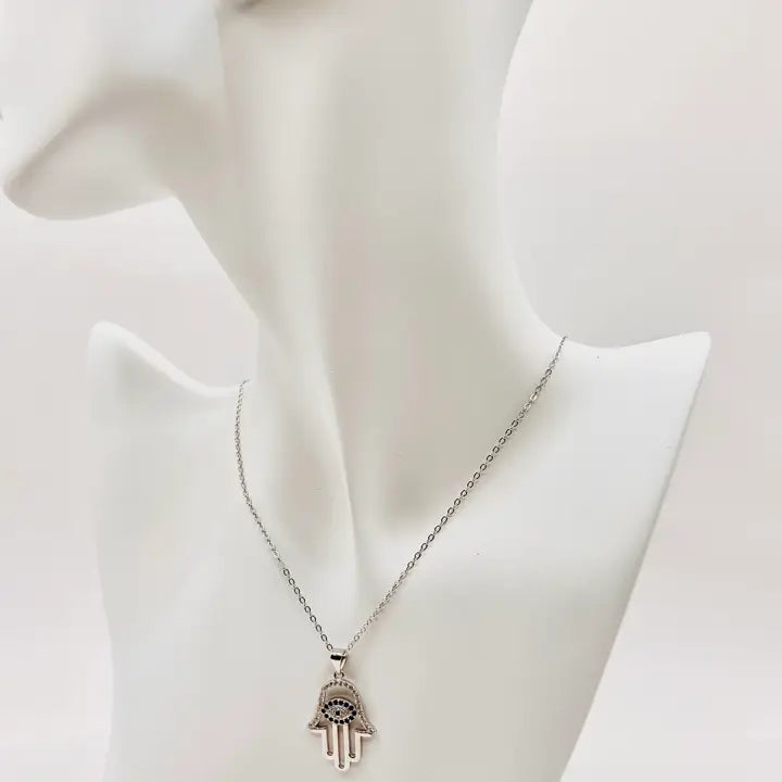 925 Sterling Silver Hamsa Hand Necklace with Evil Eye 