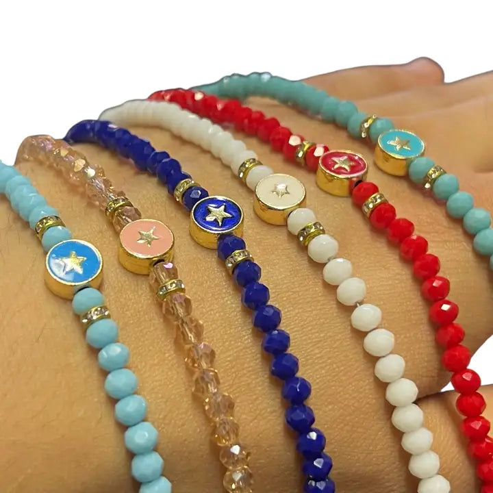 Crystal Beaded Bracelet with Star  Charm - 6 Color Options 