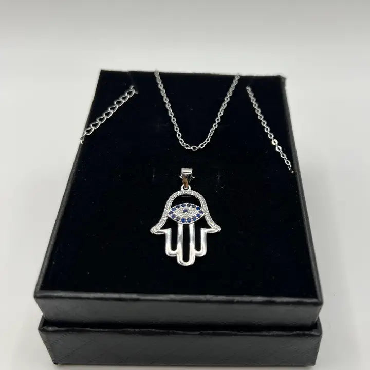 925 Sterling Silver Hamsa Hand Necklace with Evil Eye 