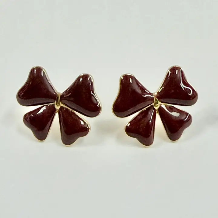 Stainless Steel Gold Enamel Wine Red Bow Stud Earrings