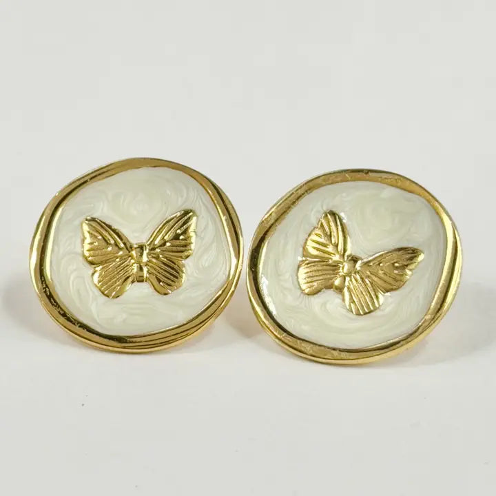 Stainless Steel Gold White Enamel Butterfly Stud Earrings