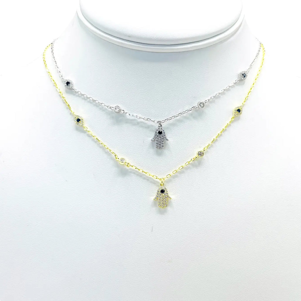 925 Sterling Silver Hamsa Navy Stone Evileye Necklace
