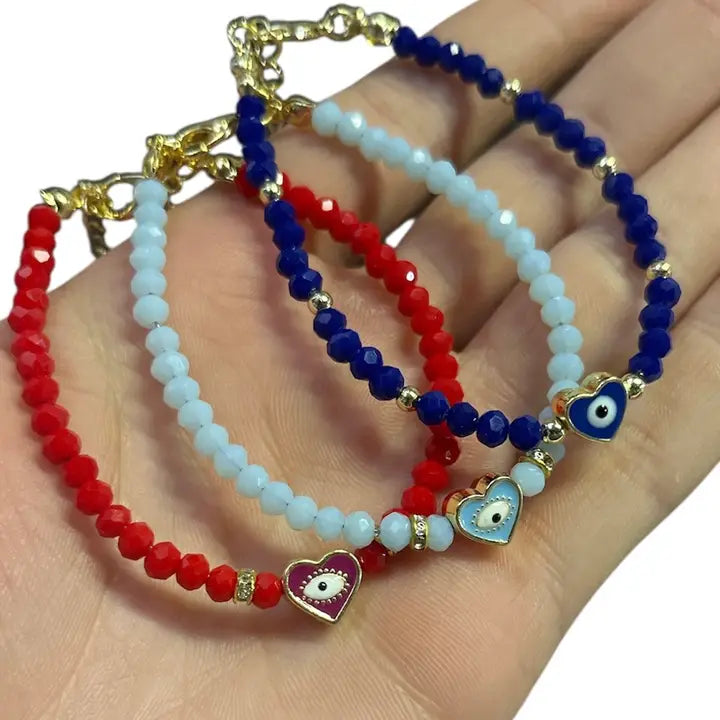Crystal Beaded Bracelet with Heart Charm - 3 Color Options