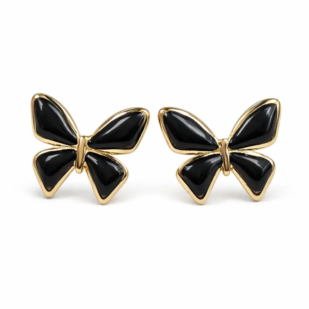 Stainless Steel Gold Black Enamel Bow Stud Earrings