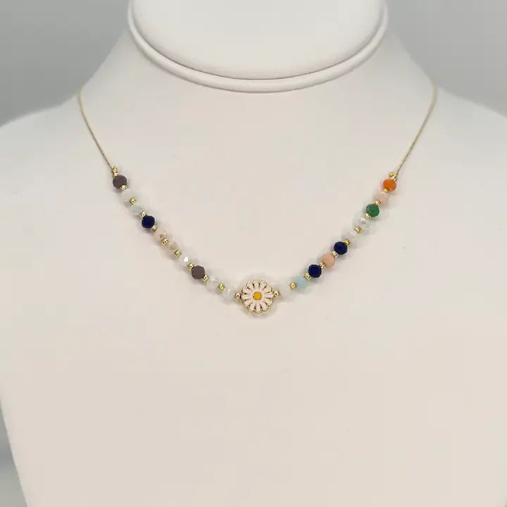 Gold Plated Daisy Beaded Necklace - Handmade Protection