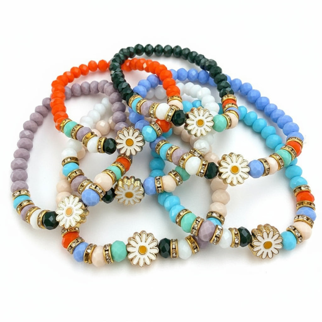 Stretchy Beaded Flower Charm Bracelets – 7 Color Set 