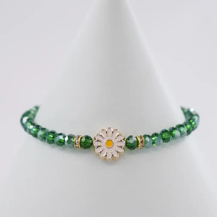 Crystal Beaded Bracelet with Daisy Charm - 7 Color Options