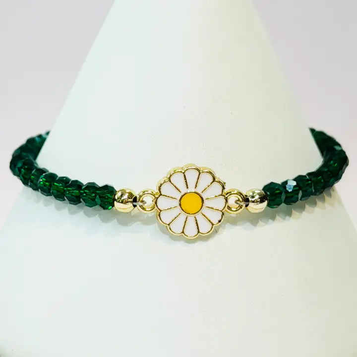 Crystal Beaded Bracelet with Daisy Charm - 7 Color Options