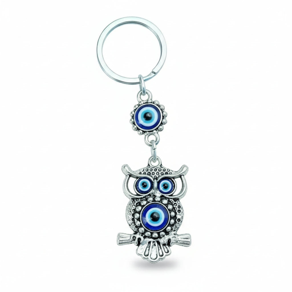 Owl Evil Eye Keychain – Metallic Protection Charm