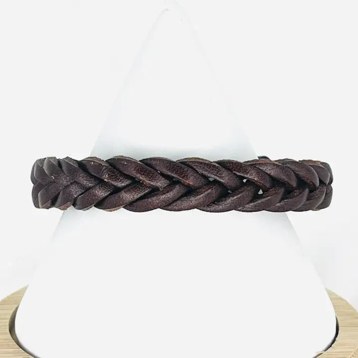 Brown Twist Braided Black Leather Bracelet, Elegant