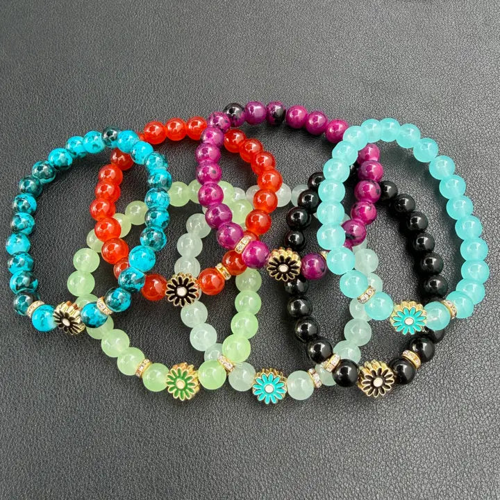 Stretchy Beaded Flower Charm Bracelets – 7 Color Mix Set