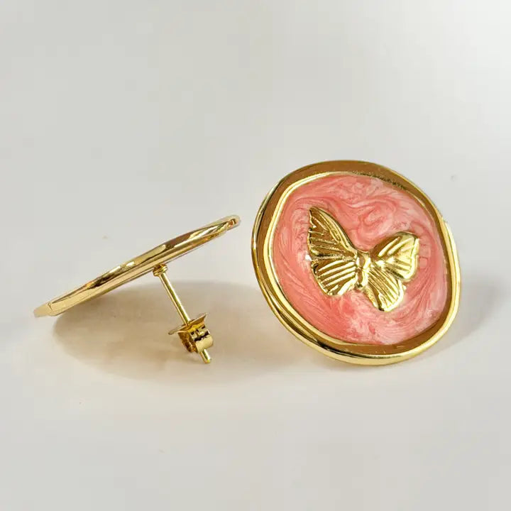 Stainless Steel Gold Coral Enamel Butterfly Stud Earrings