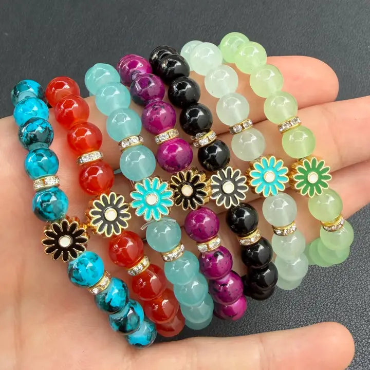Stretchy Beaded Flower Charm Bracelets – 7 Color Mix Set