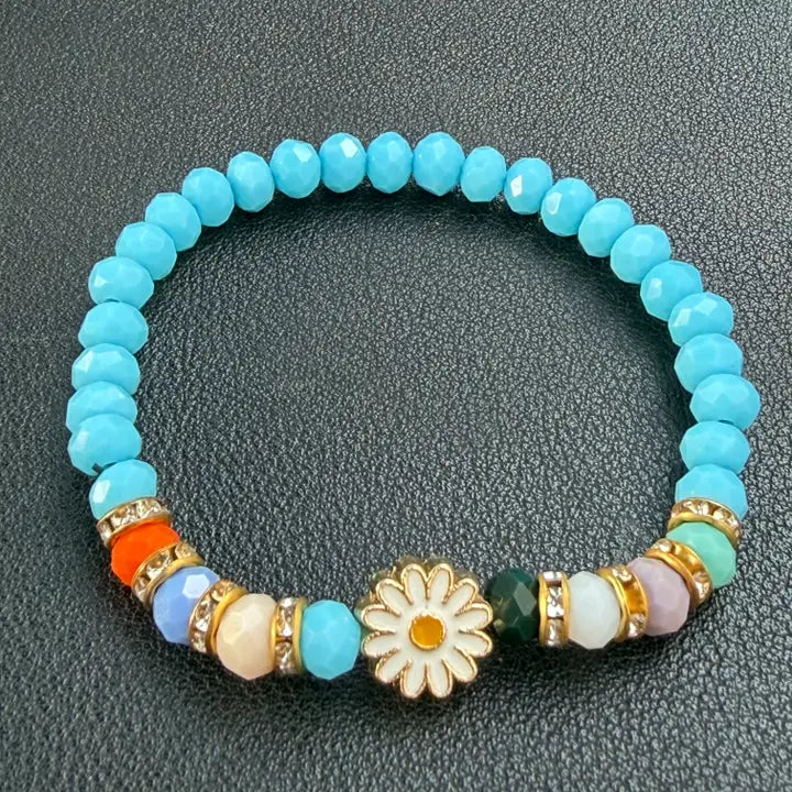Stretchy Beaded Flower Charm Bracelets – 7 Color Set 
