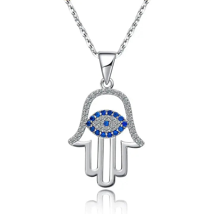 925 Sterling Silver Hamsa Hand Necklace with Evil Eye 