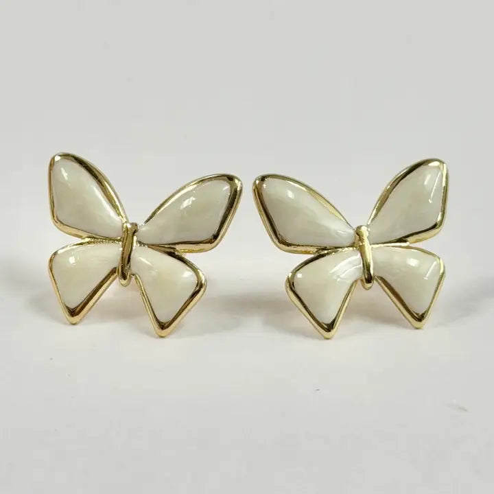 Stainless Steel Gold White Enamel Butterfly Stud Earrings