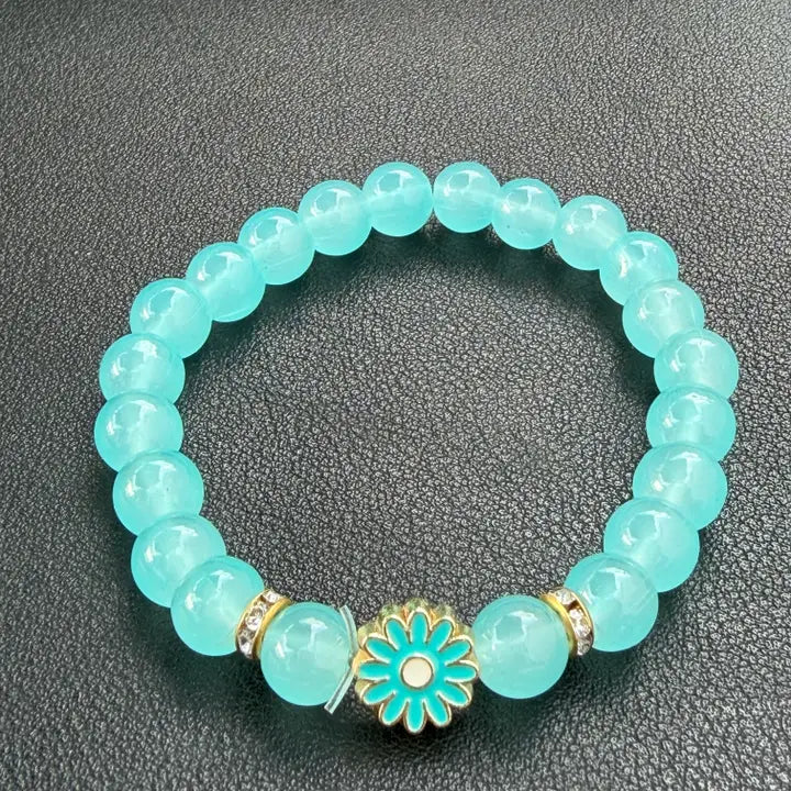 Stretchy Beaded Flower Charm Bracelets – 7 Color Mix Set